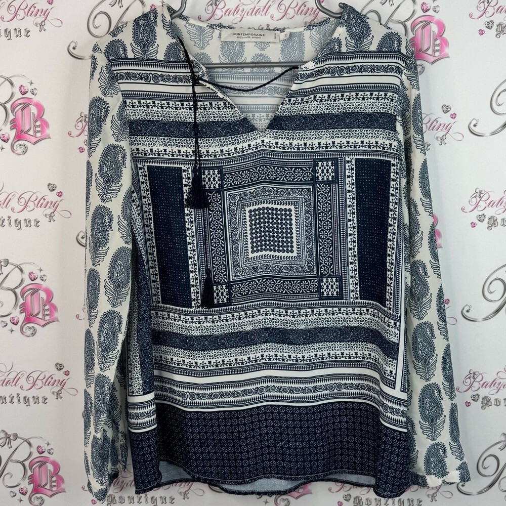 Simons contemporaine long sleeve tassle paisley Navy and White Patterned Blouse